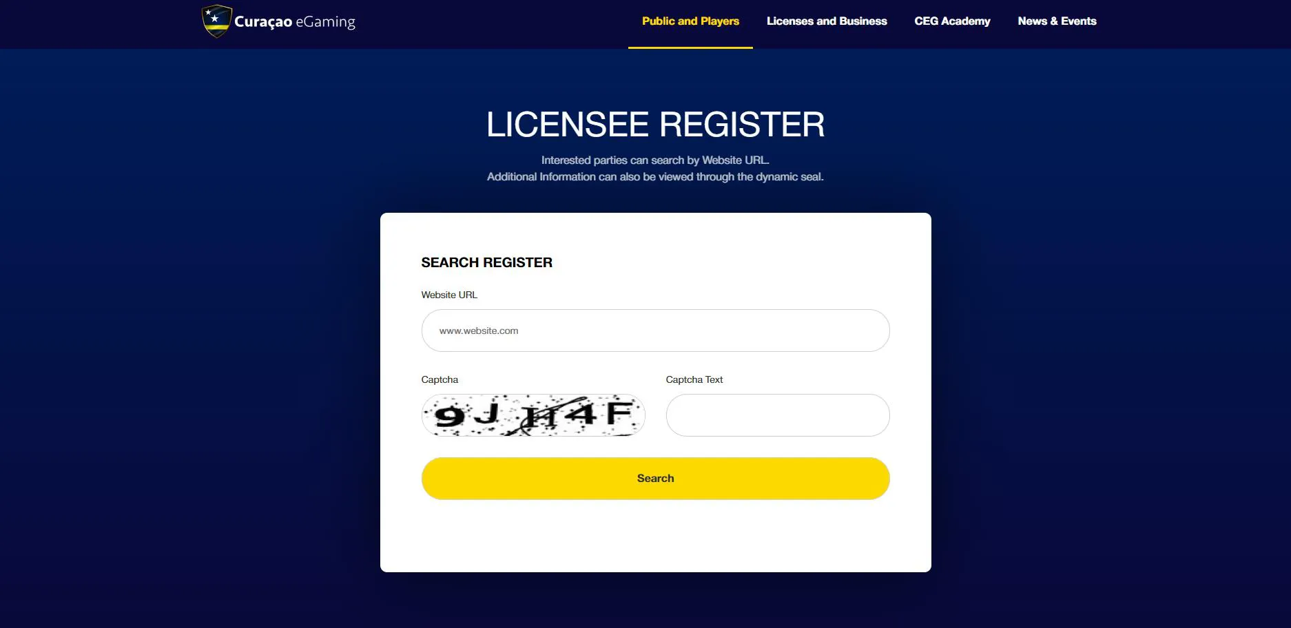 Formulario para verificar la licencia en el sitio web oficial del regulador de Curaçao Sitio web oficial del regulador de Curaçao